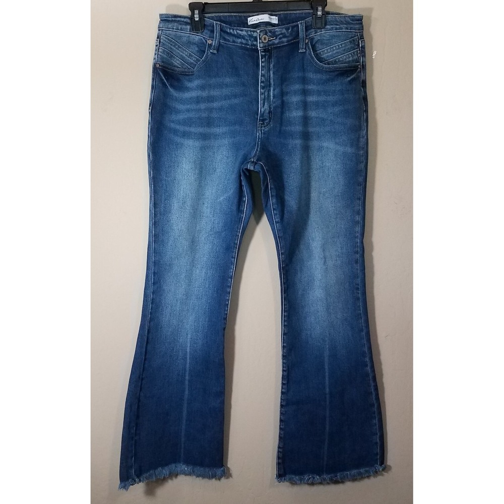 KanCan Flared Jeans Women 32 Medium Wash Stretch Raw Hem Boho Hippie Casual